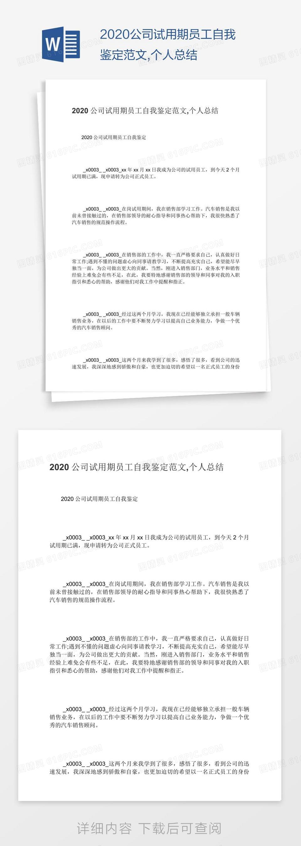 2020公司试用期员工自我鉴定范文,个人总结