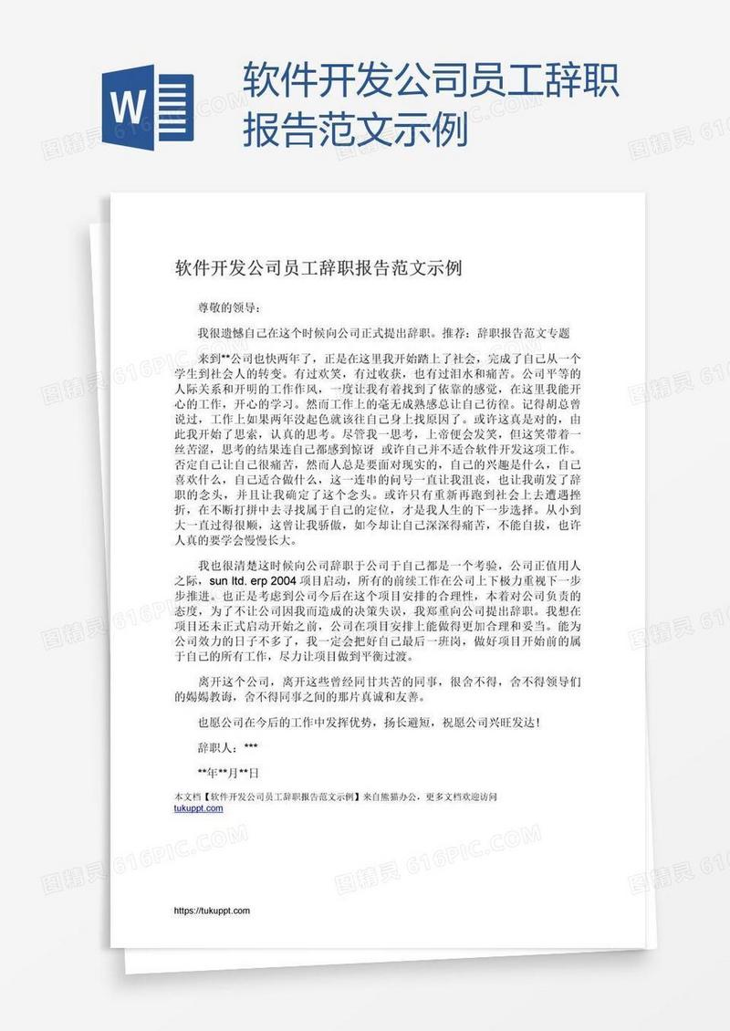 软件开发公司员工辞职报告范文示例