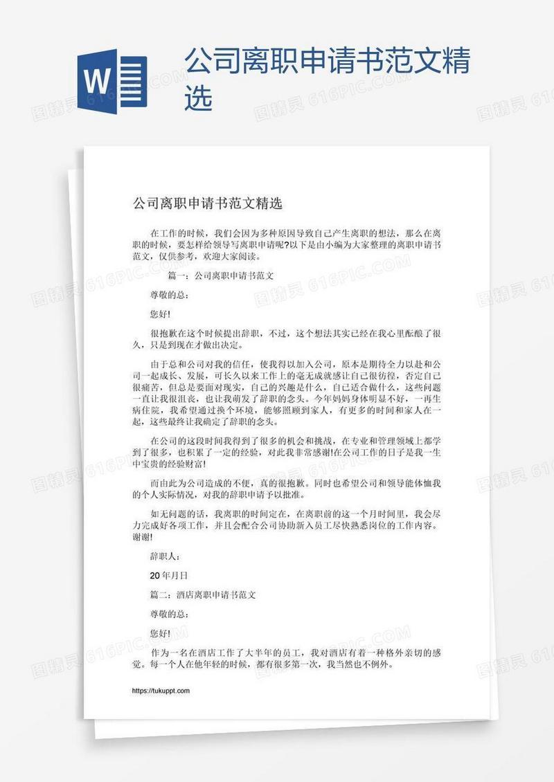 公司离职申请书范文精选