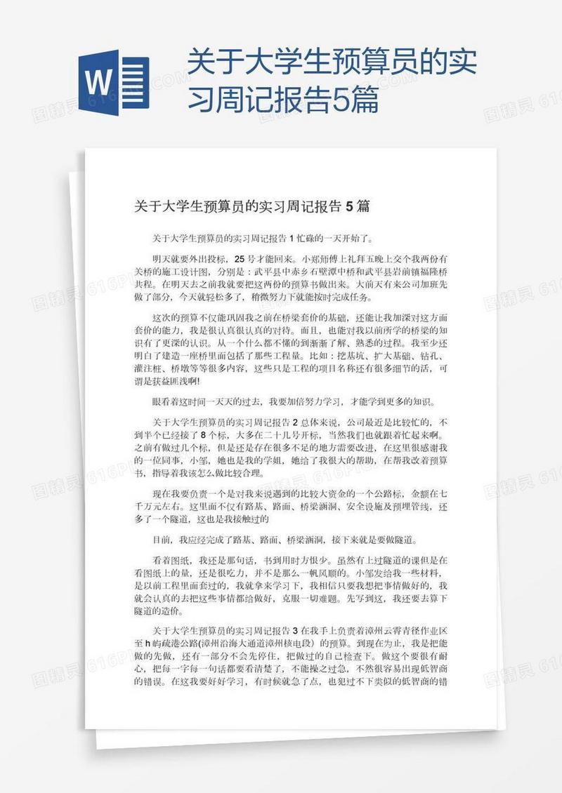 关于大学生预算员的实习周记报告5篇