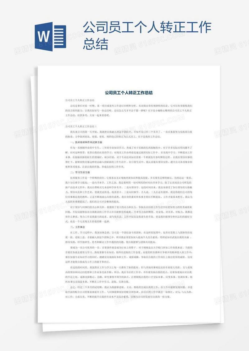公司员工个人转正工作总结