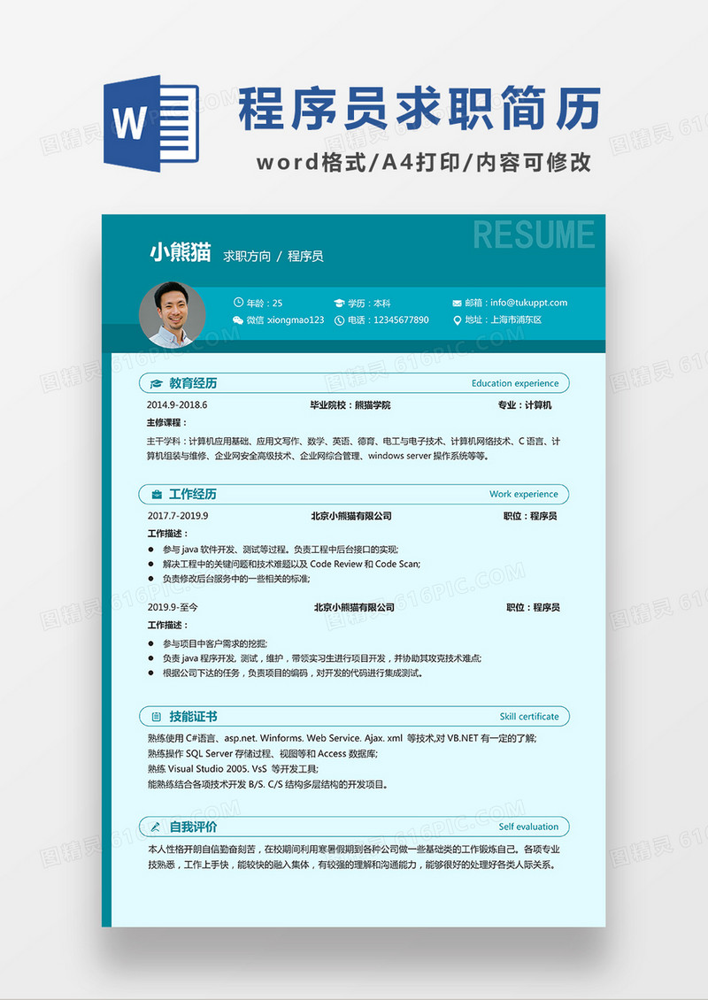 蓝色商务程序员求职简历WORD模板