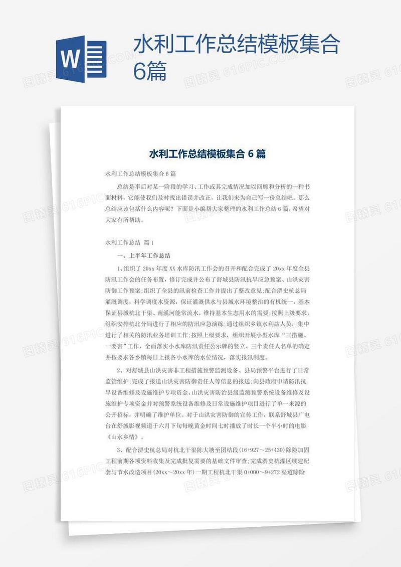水利工作总结模板集合6篇