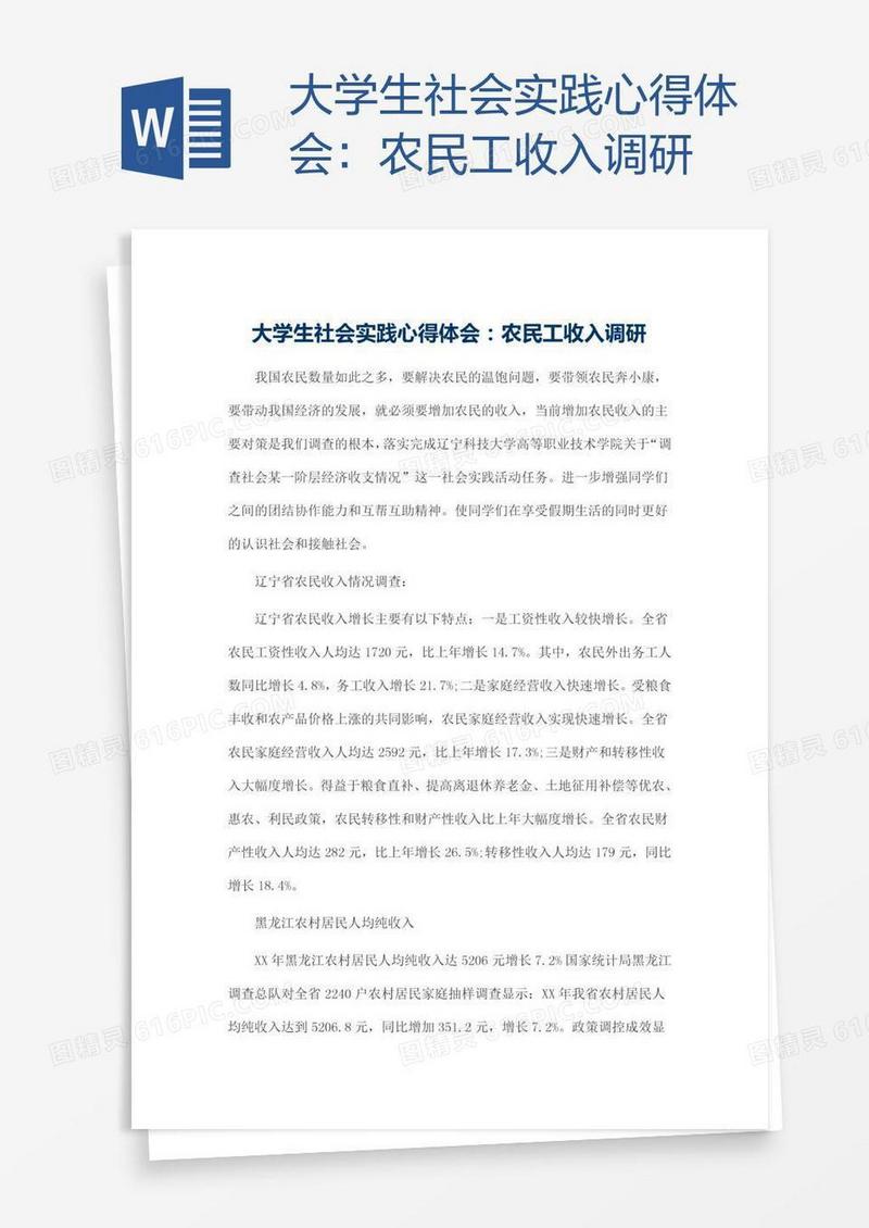 大学生社会实践心得体会：农民工收入调研