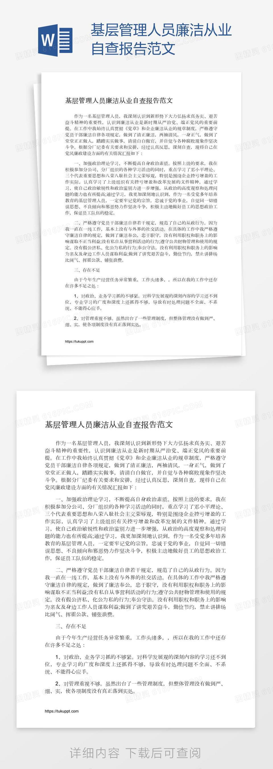 基层管理人员廉洁从业自查报告范文