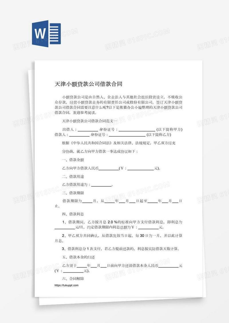 天津小额贷款公司借款合同
