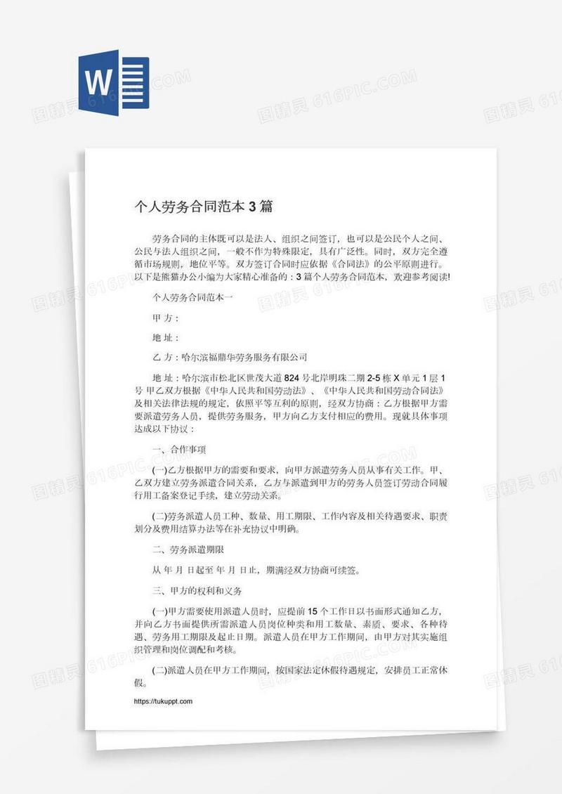 个人劳务合同范本3篇