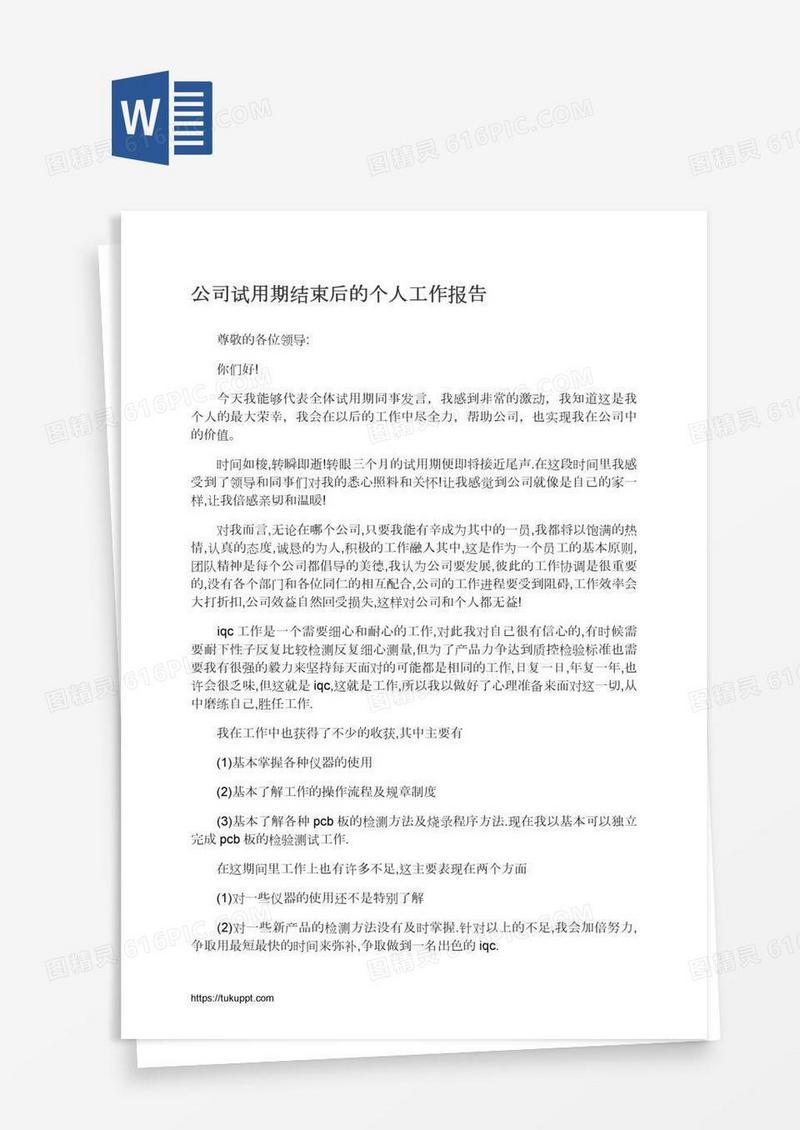公司试用期结束后的个人工作报告