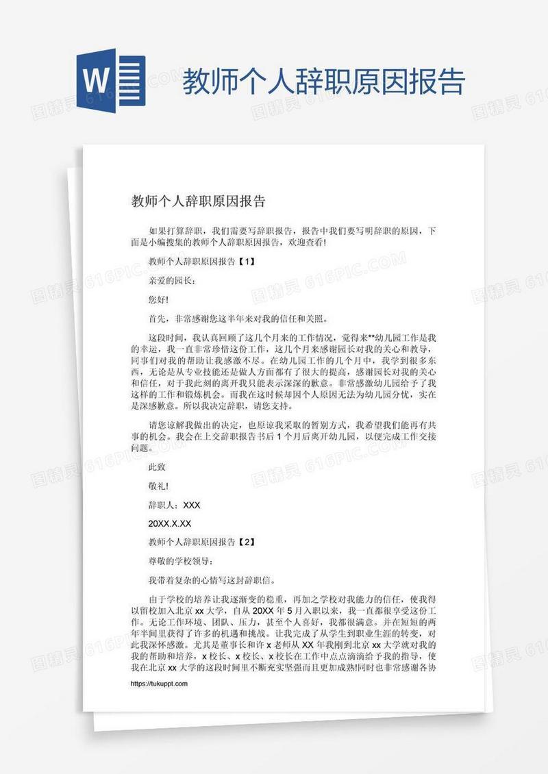 教师个人辞职原因报告