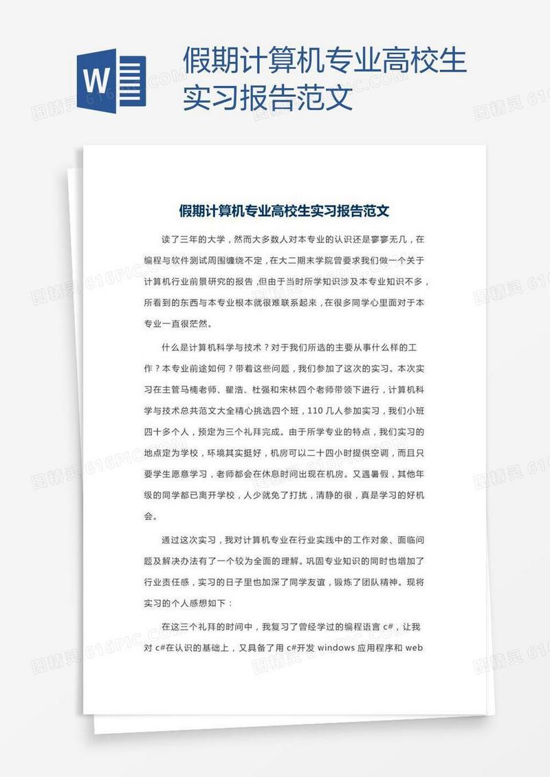 假期计算机专业高校生实习报告范文