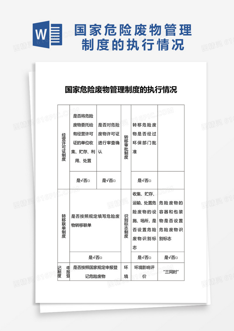 国家危险废物管理制度的执行情况word模板