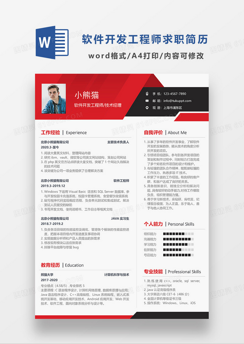 现代商务风软件开发工程师求职简历WORD模板
