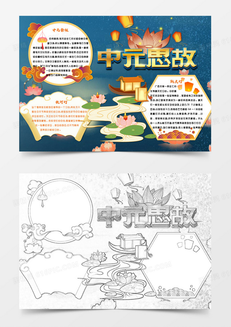 卡通莲花中元节文化习俗小报
