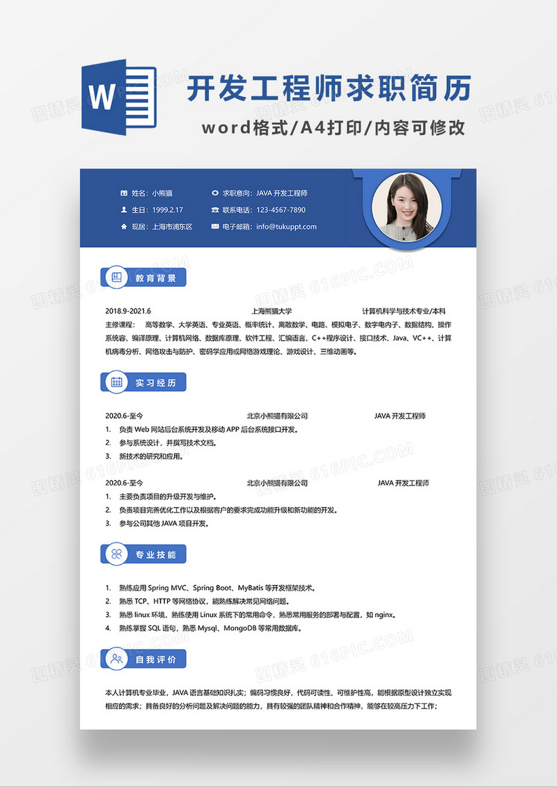蓝色简约JAVA 开发工程师求职简历WORD模板