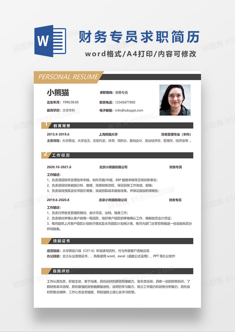 时尚线条风财务专员求职简历WORD模板