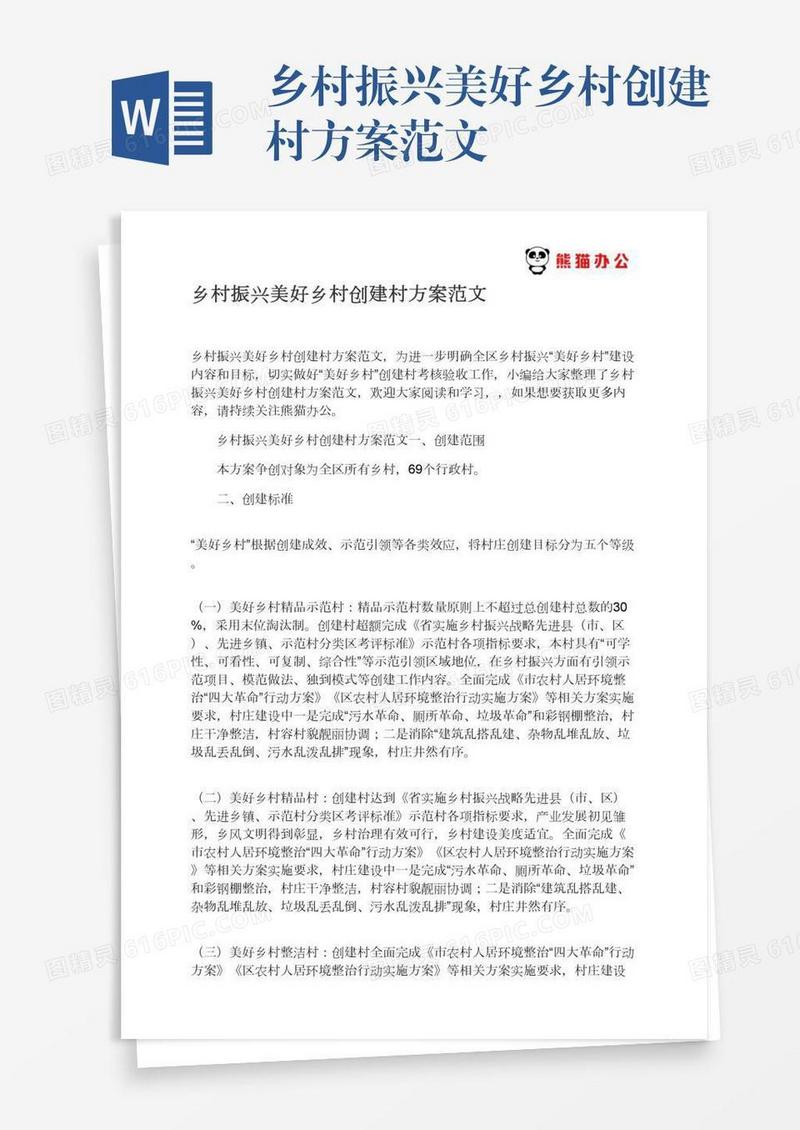 乡村振兴美好乡村创建村方案范文
