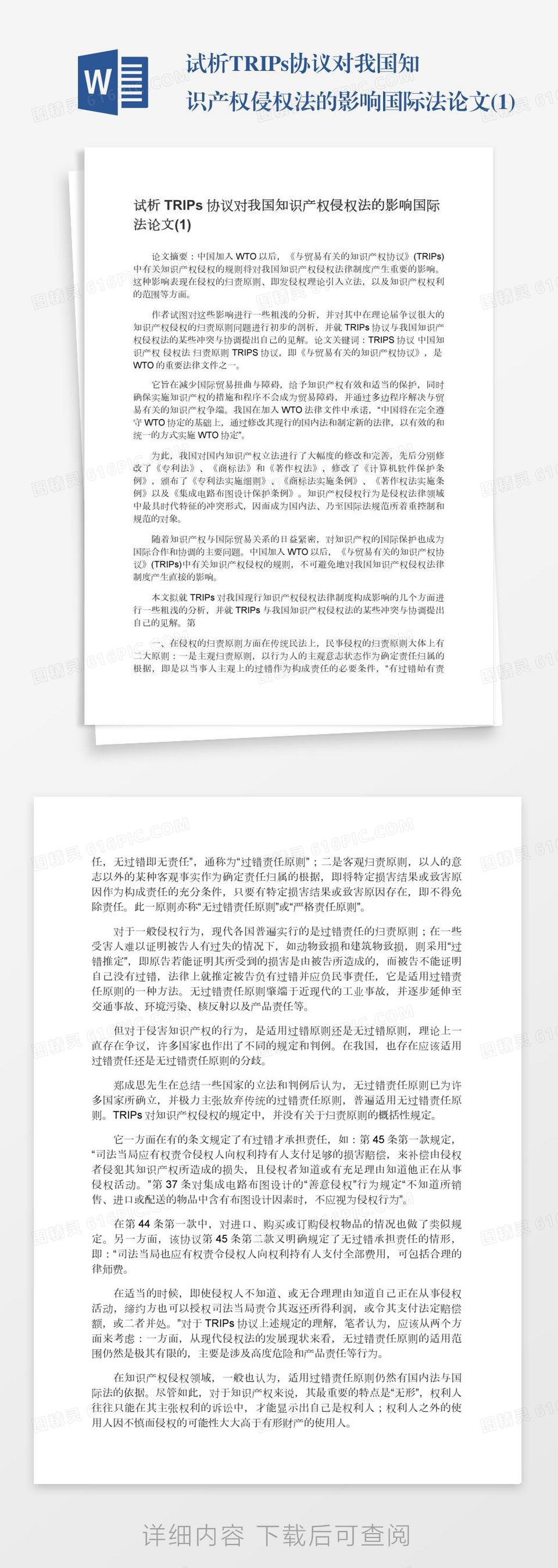 试析TRIPs协议对我国知识产权侵权法的影响国际法论文(1)