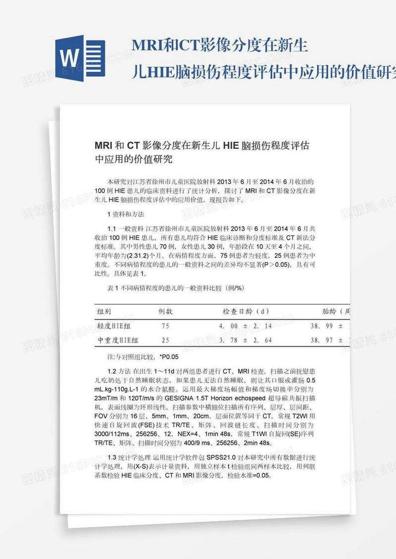 MRI和CT影像分度在新生儿HIE脑损伤程度评估中应用的价值研究