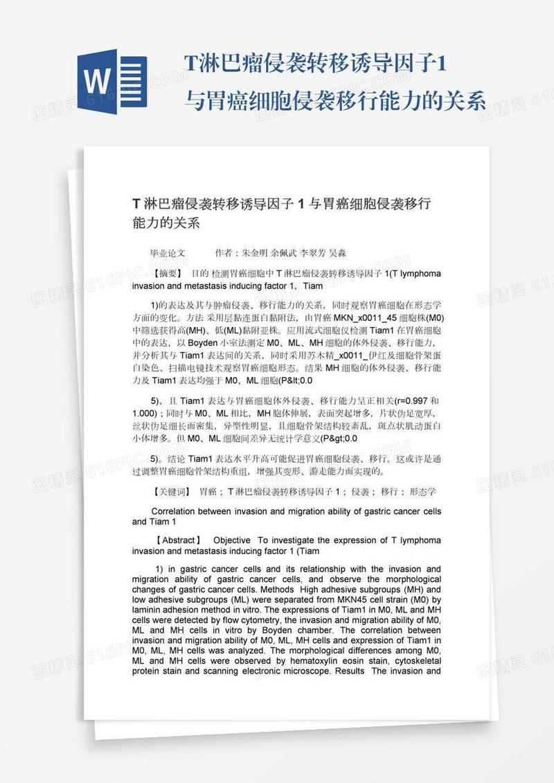T淋巴瘤侵袭转移诱导因子1与胃癌细胞侵袭移行能力的关系