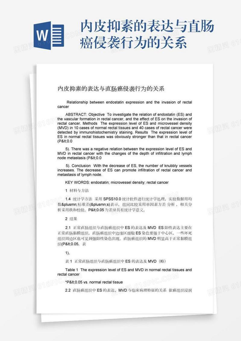 内皮抑素的表达与直肠癌侵袭行为的关系