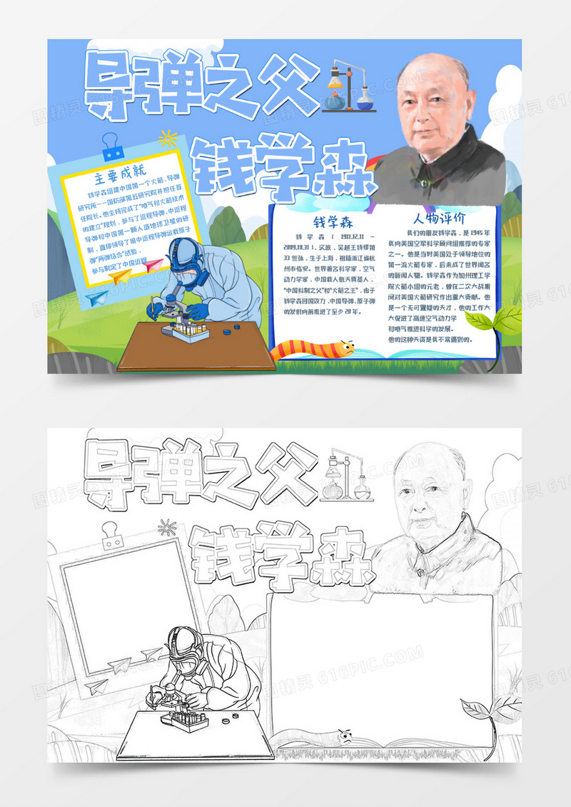 卡通原子弹之父钱学森知识小报Word模板