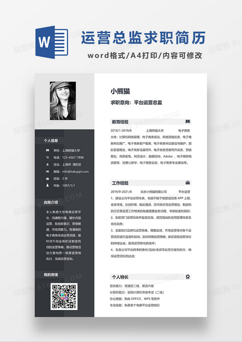 深灰色商务平台运营总监求职简历WORD模板