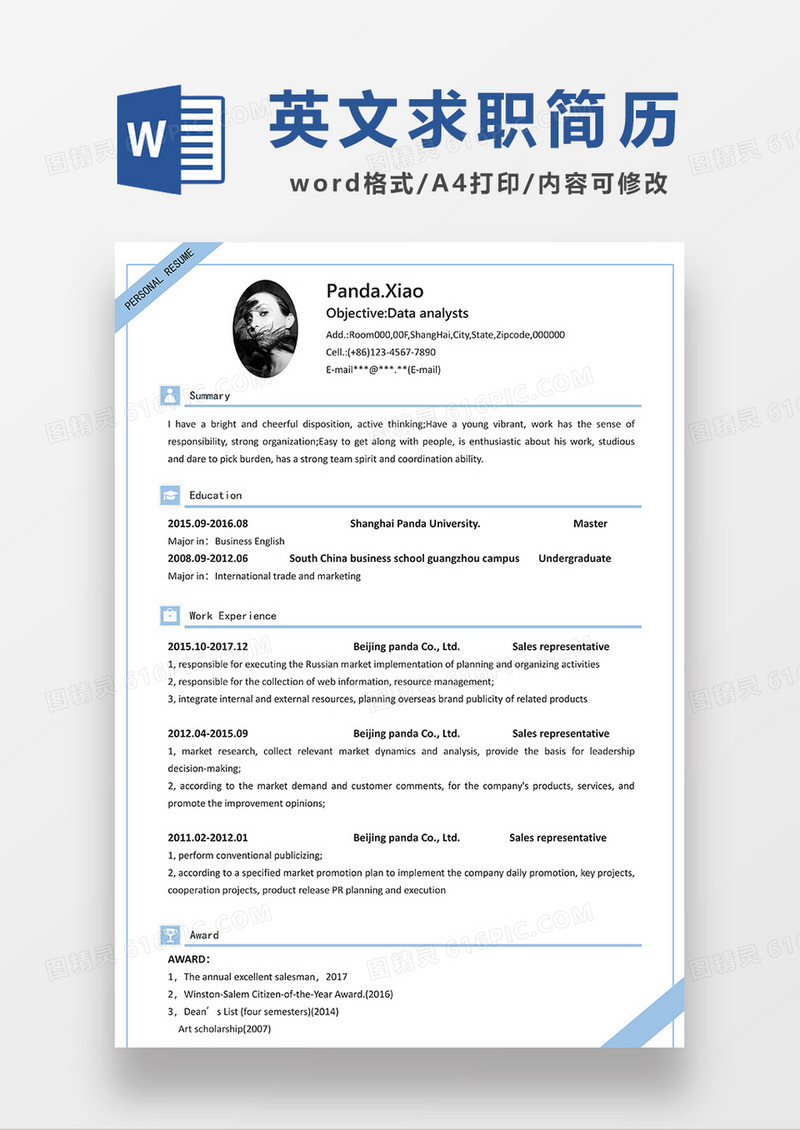 蓝色线条风英文简历销售代表求职简历WORD模板