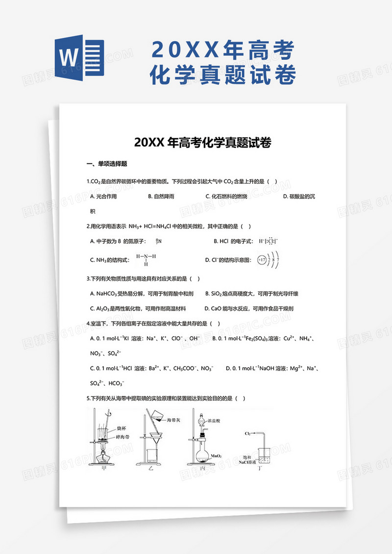 20XX年高考化学真题试卷word模板
