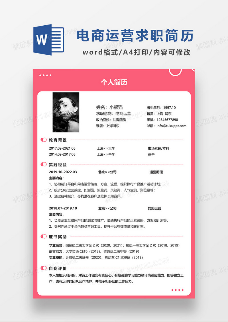 粉色简约电商运营求职简历WORD模板