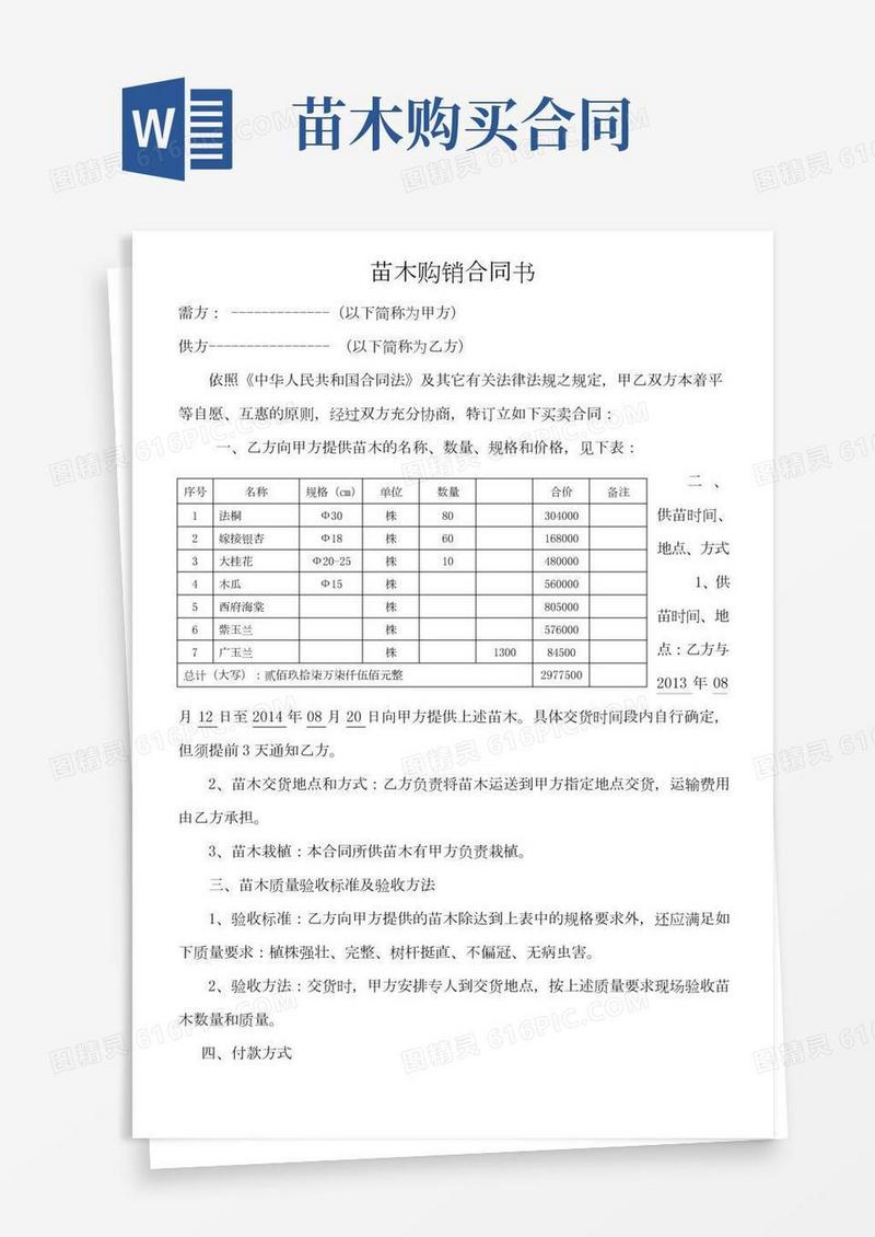 绿化苗木购销合同书
