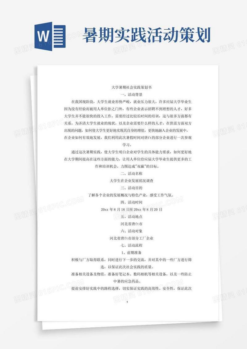 大气版最新大学暑期社会实践策划书