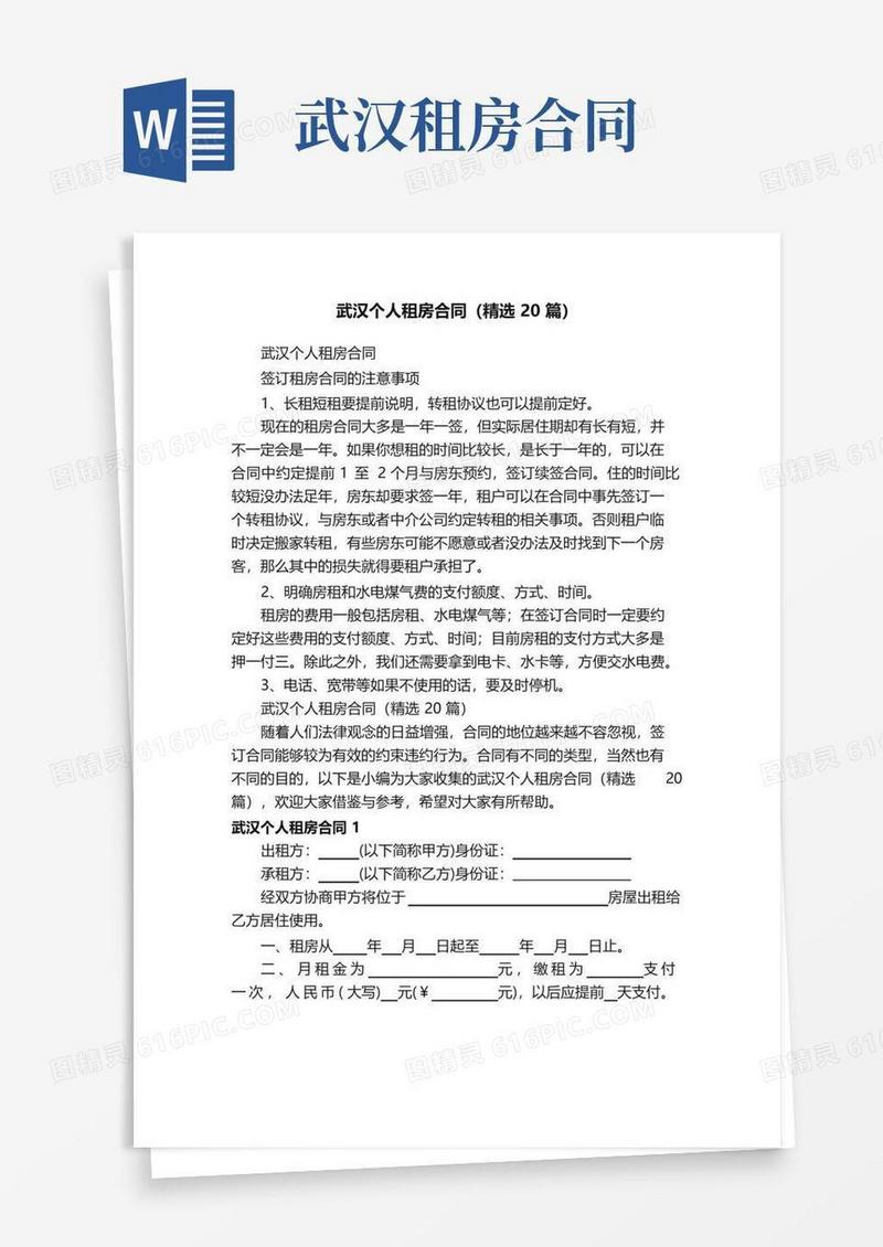 好用的武汉个人租房合同（精选20篇）