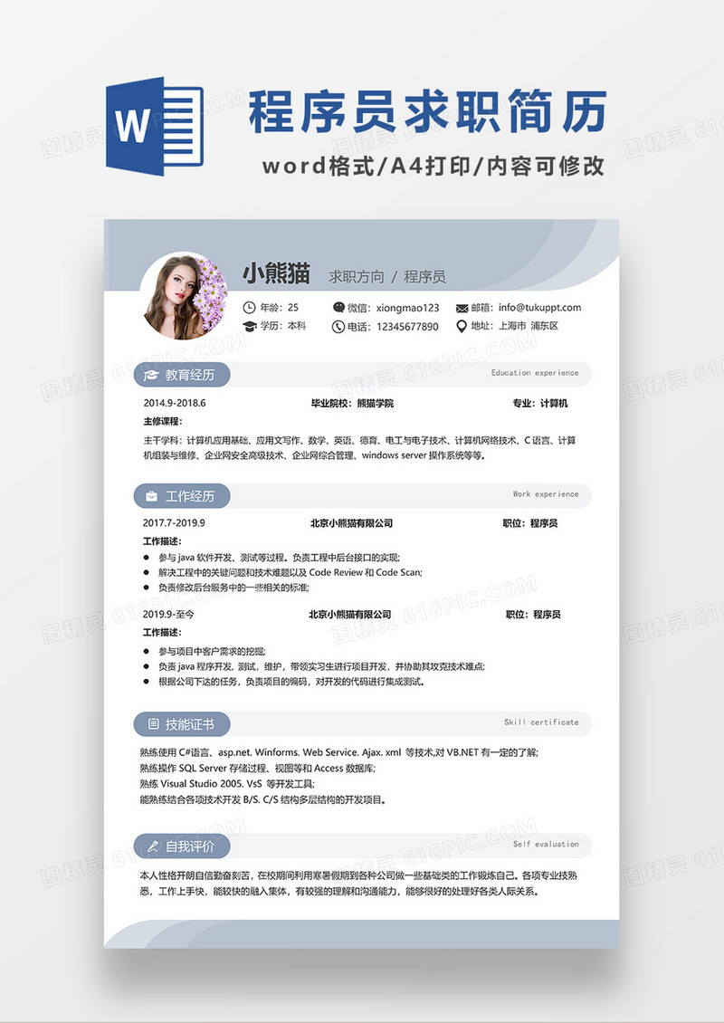 灰蓝色简约程序员求职简历WORD模板