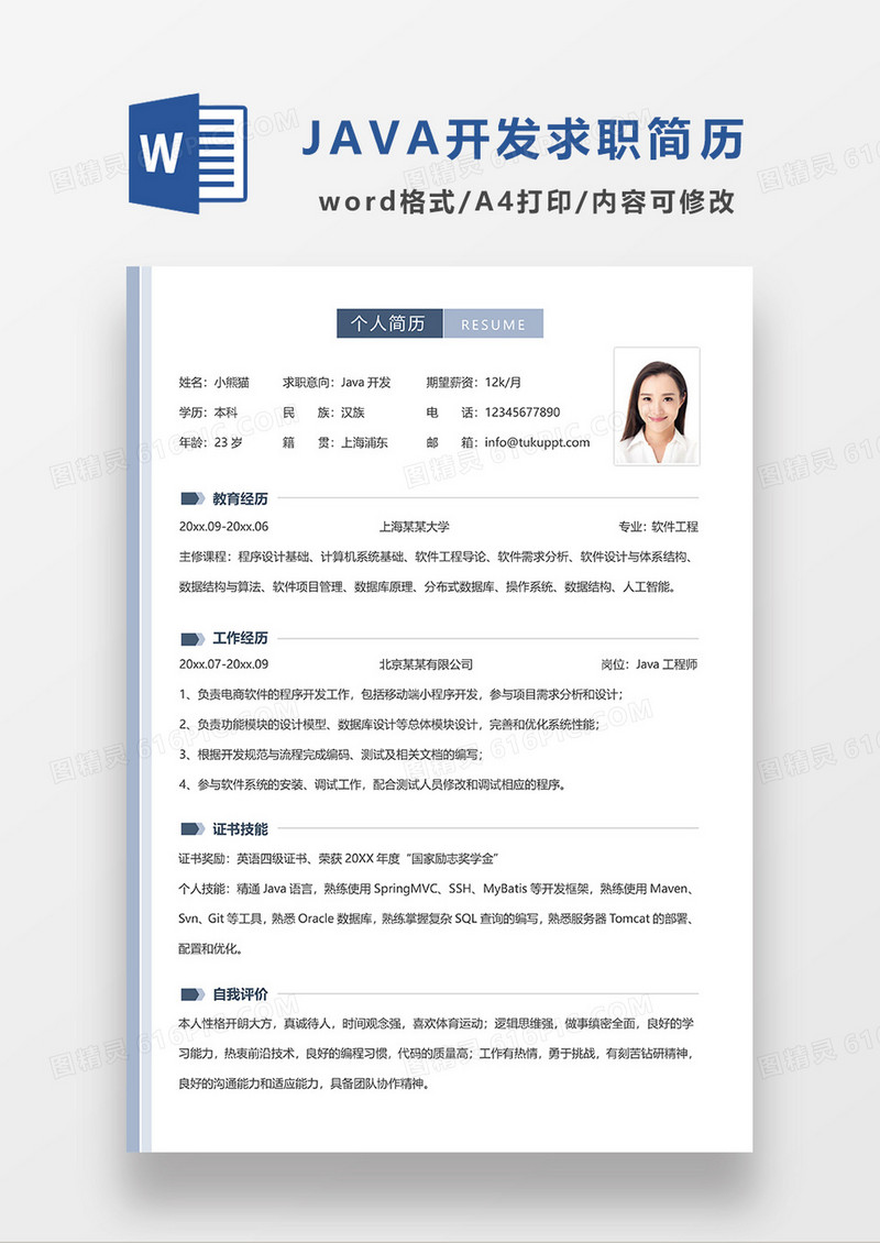 撞色蓝色简洁Java开发求职简历WORD模板 