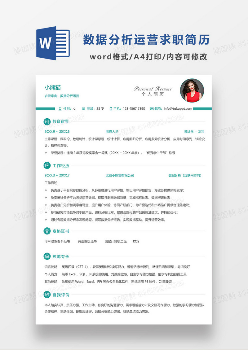 蓝色简洁数据分析运营求职简历WORD模板