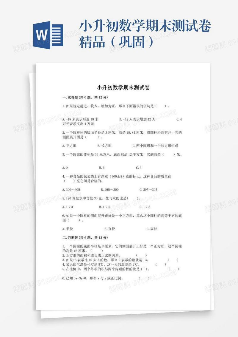 小升初数学期末测试卷精品（巩固）