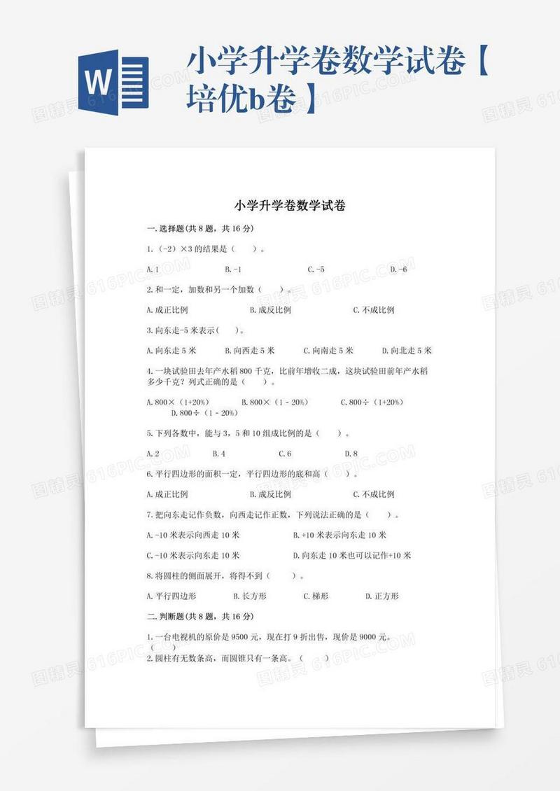 小学升学卷数学试卷【培优b卷】