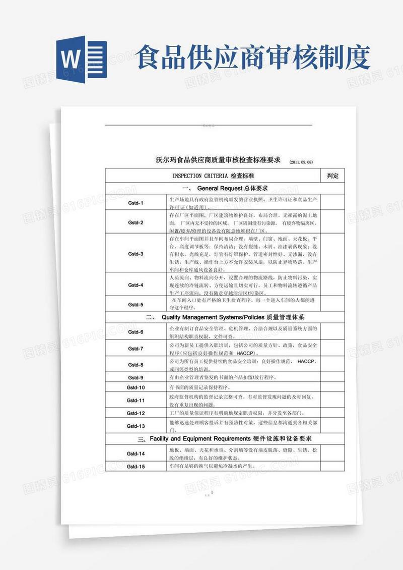 大气版沃尔玛食品供应商质量审核检查标准要求