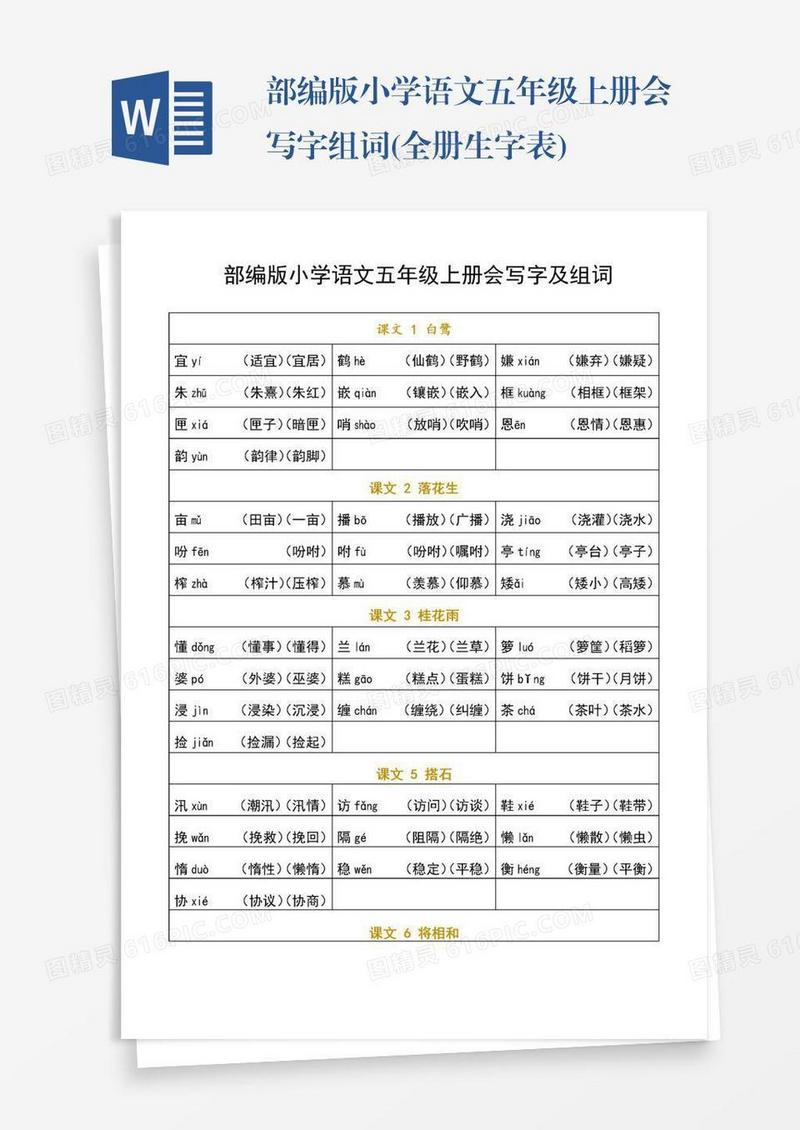 部编版小学语文五年级上册会写字组词(全册生字表)