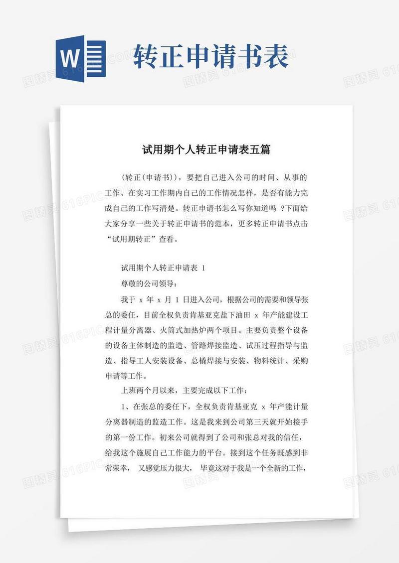 好用的试用期个人转正申请表五篇