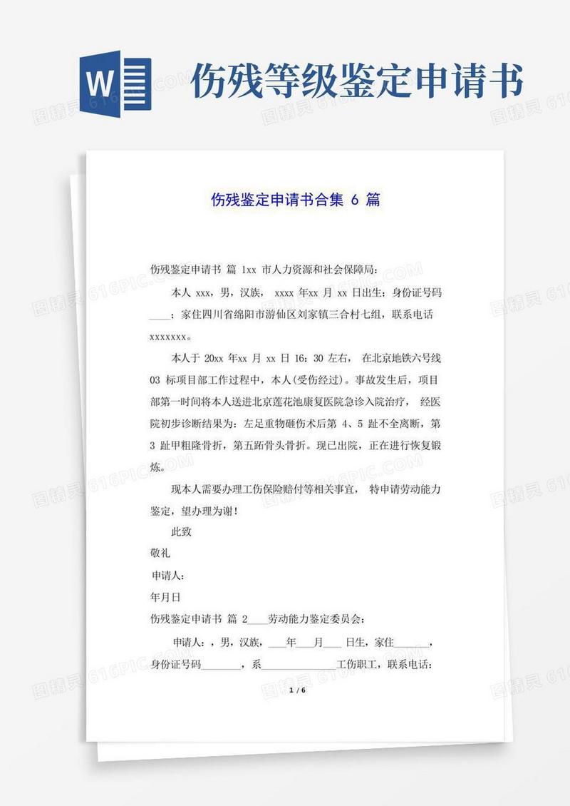 大气版伤残鉴定申请书合集6篇