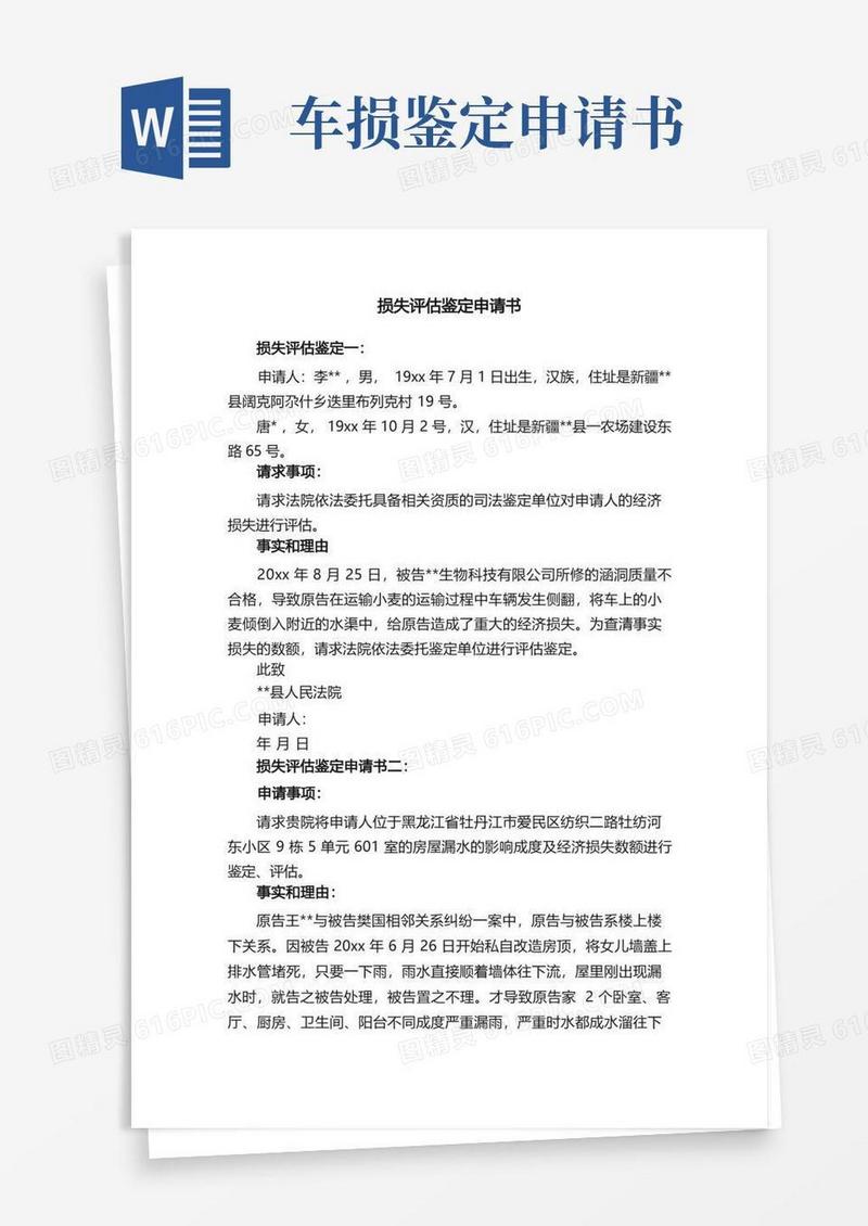 大气版损失评估鉴定申请书