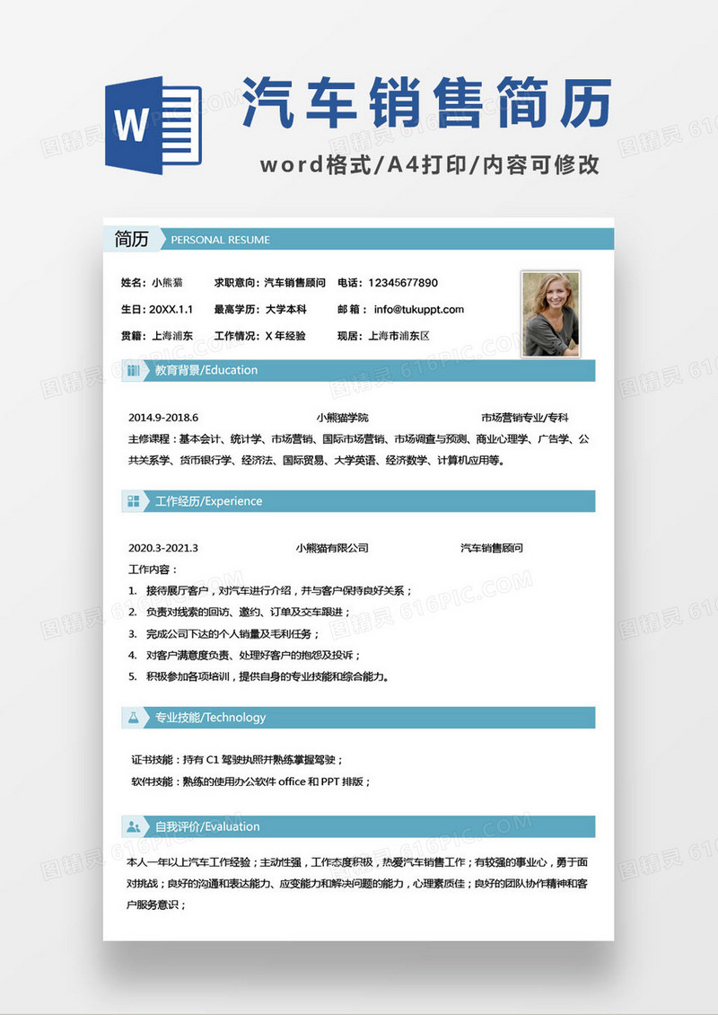 蓝色简约汽车销售简历