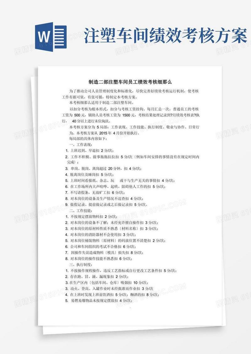 简洁的注塑车间员工绩效考核细则