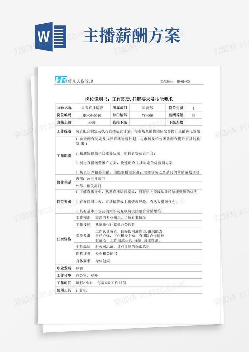 通用版抖音直播运营工作职责和任职要求岗位说明书