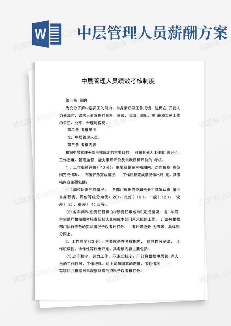 好用的中层管理人员绩效考核制度