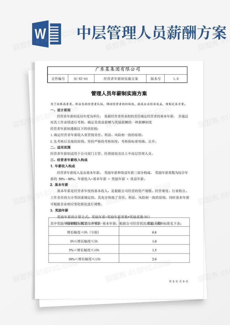 大气版中层管理人员年薪制实施方案