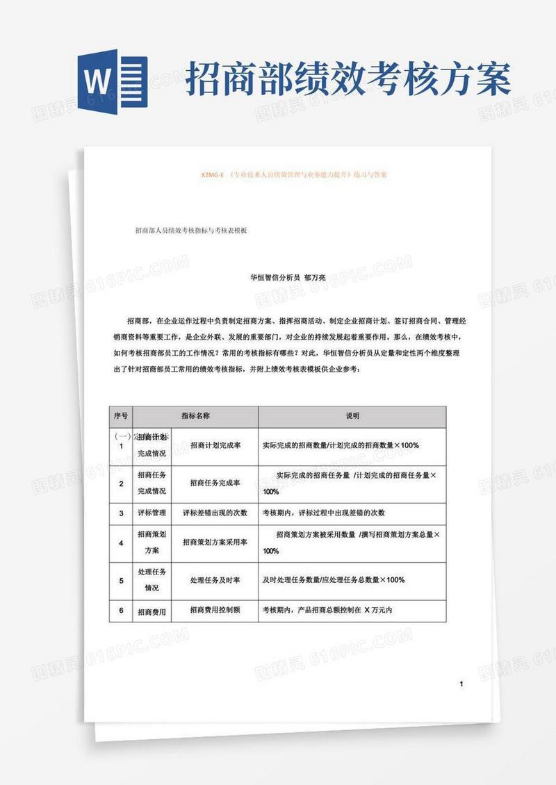 简易版招商部人员绩效考核指标与考核表模板.
