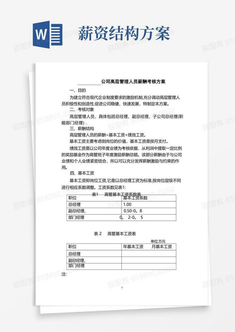 简洁的高管人员薪酬方案