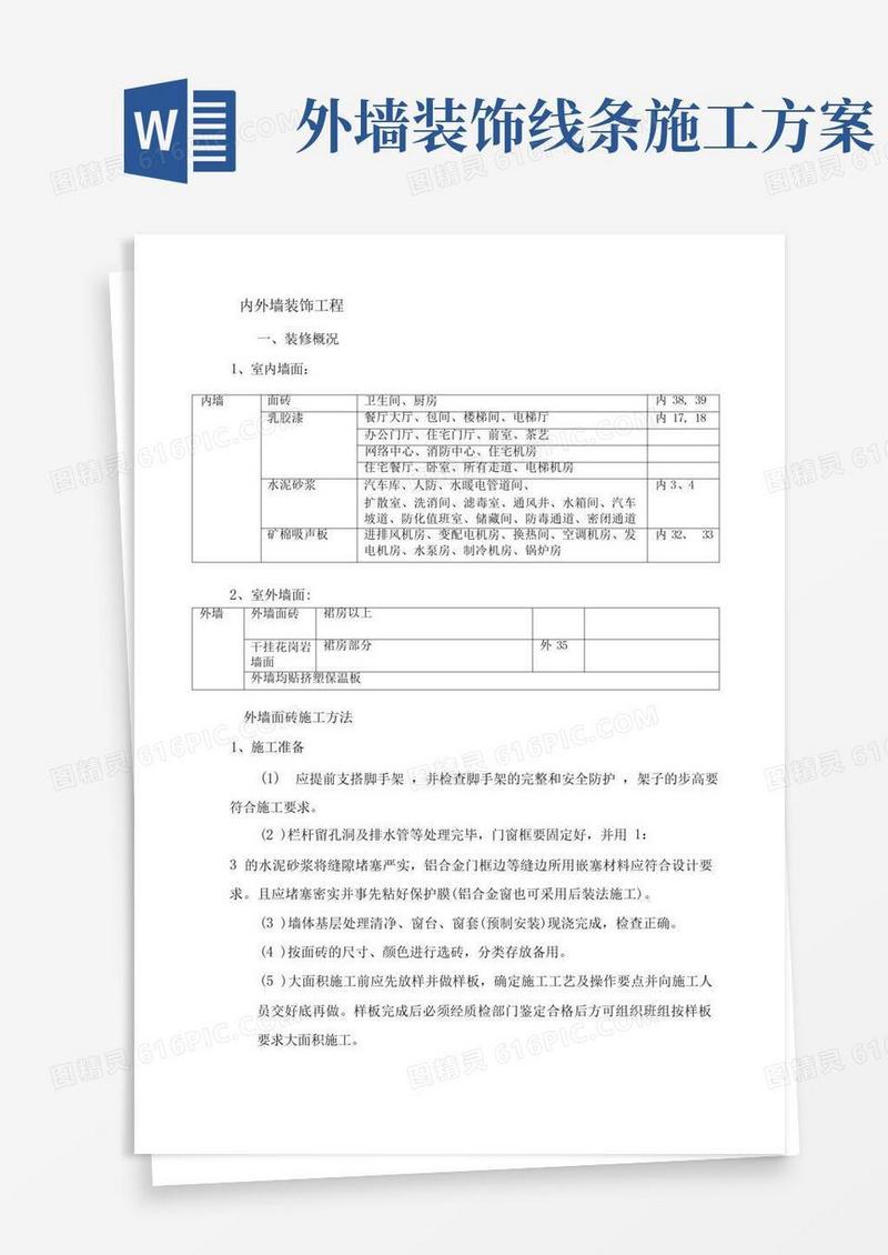 实用的内外墙装饰工程施工方案